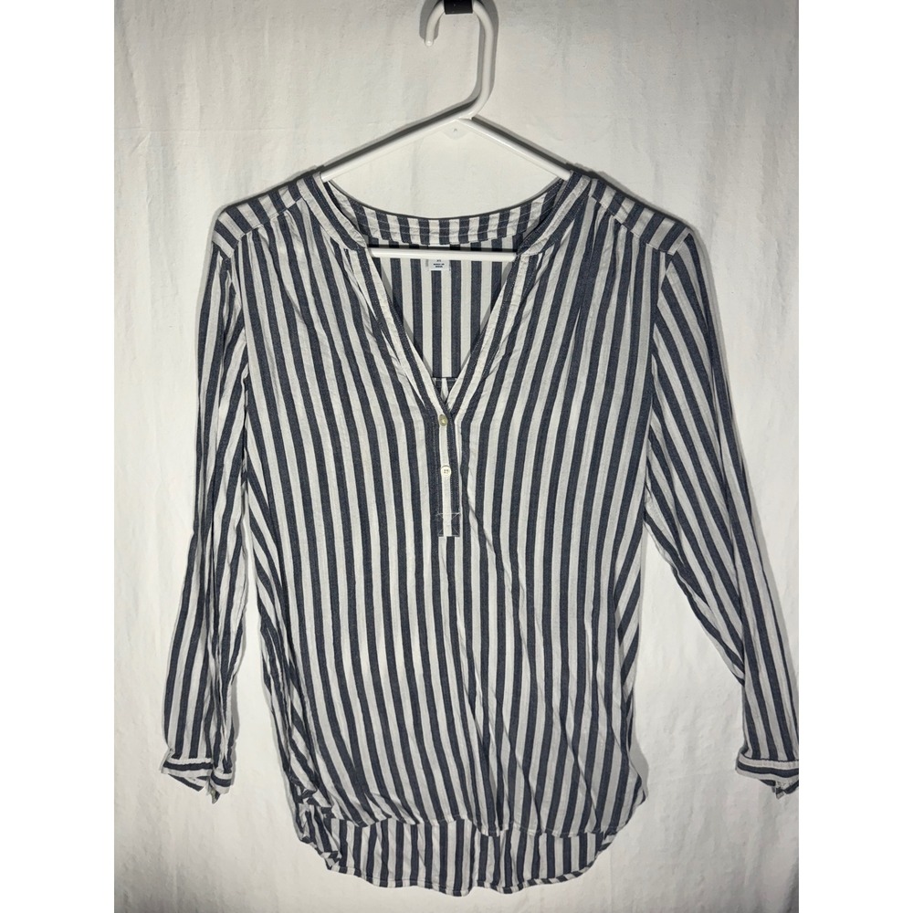 Old Navy Womens XS Navy Blue White Striped V-Neck Henley Blouse Long Sleeve Top